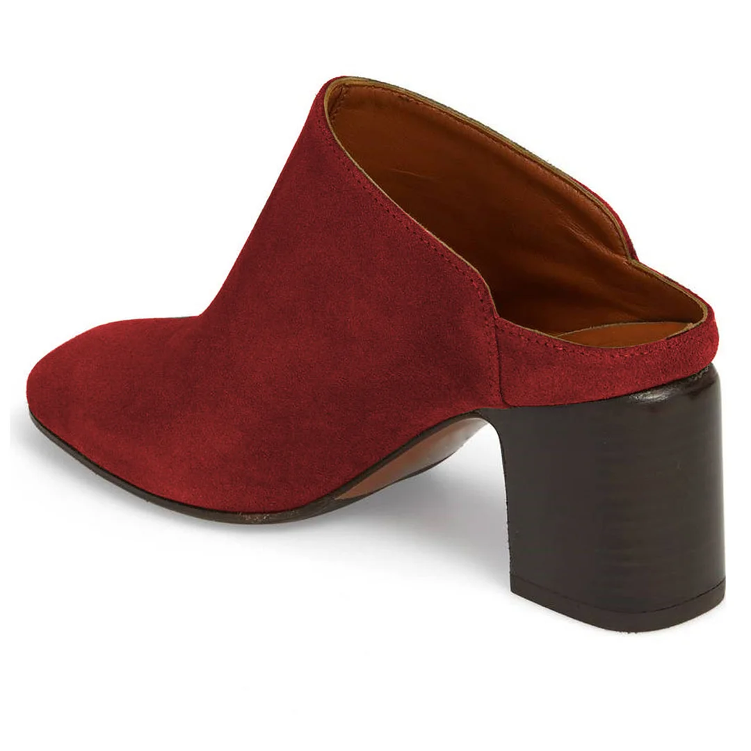 Red Vegan Suede Slip-On Round Toe Block Heel Mule Shoes for Women