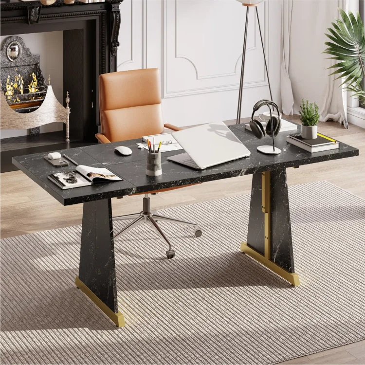 Bestier 70'' Wood Dining Tables with Metal Base For 6-8 People , Rectangle Kitchen Table For Dining Room Black Marble