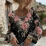 Women's Pink Rose Embroidery Art Round Neck Long Sleeve Linen Blend T-shirt - Image 7