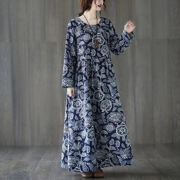 Oversized Women Cotton Linen  Vintage Style Floral Print Loose Comfortable Female Long Dress