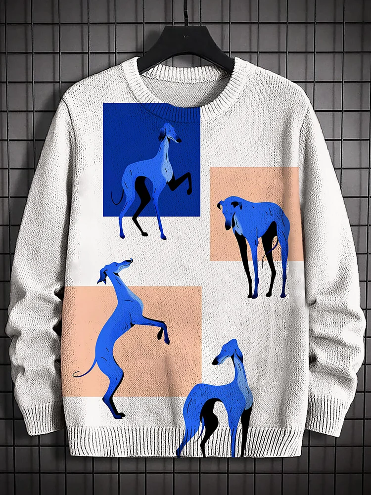 Men's Color Blocks Dog Print Knit Sweatshirt