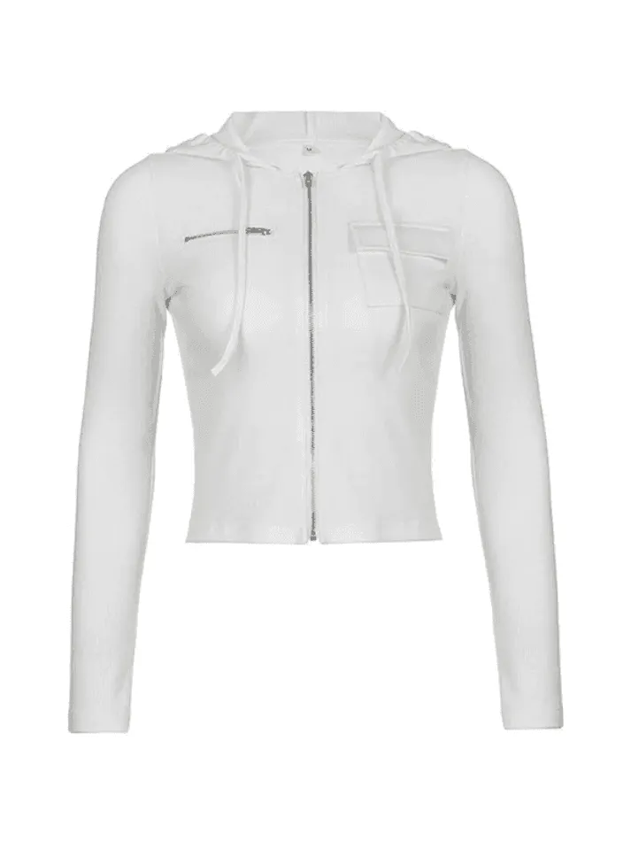 Brownm White Zip-Up Hooded Cropped Knit Top