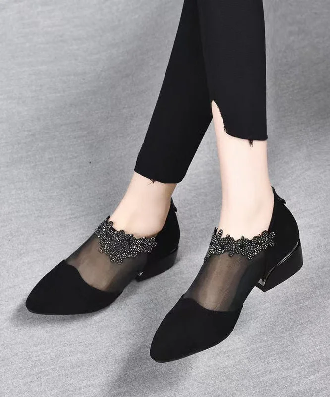 Fashion Black Suede Tulle Splicing Zircon High Heels