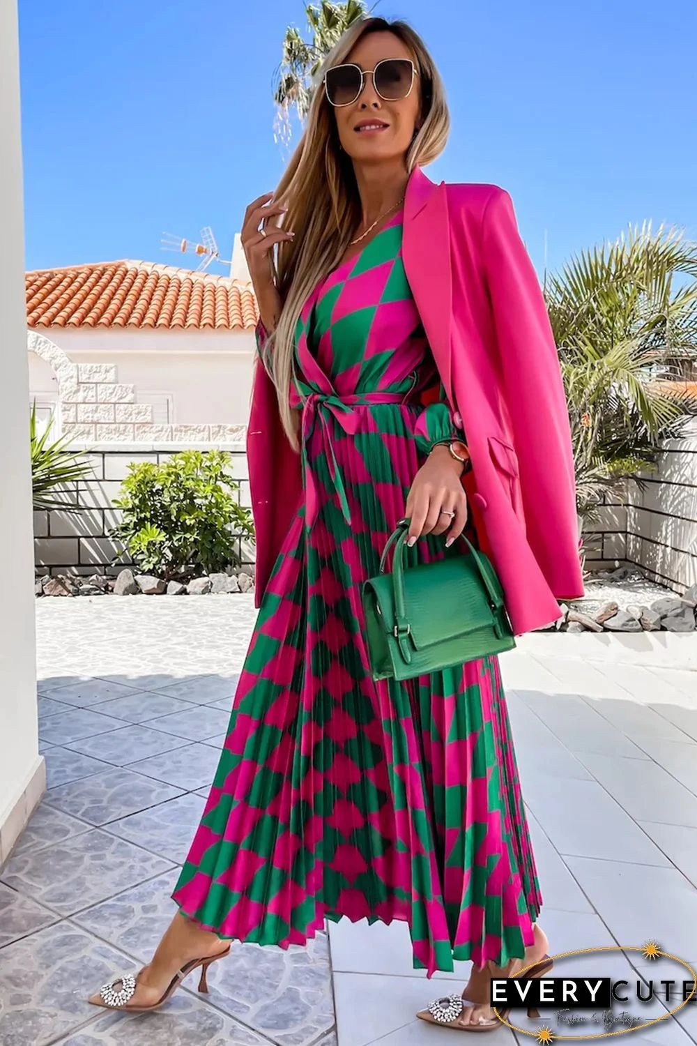 Multicolor Rhombus Contrast Color Block Belted Maxi Dress