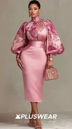 Xpluswear Design Plus Size Wedding Guest Pink Floral Stand-Up Collar Lantern Sleeve Long Sleeve Bodycon Satin Midi Dresses 2024 - Xpluswear