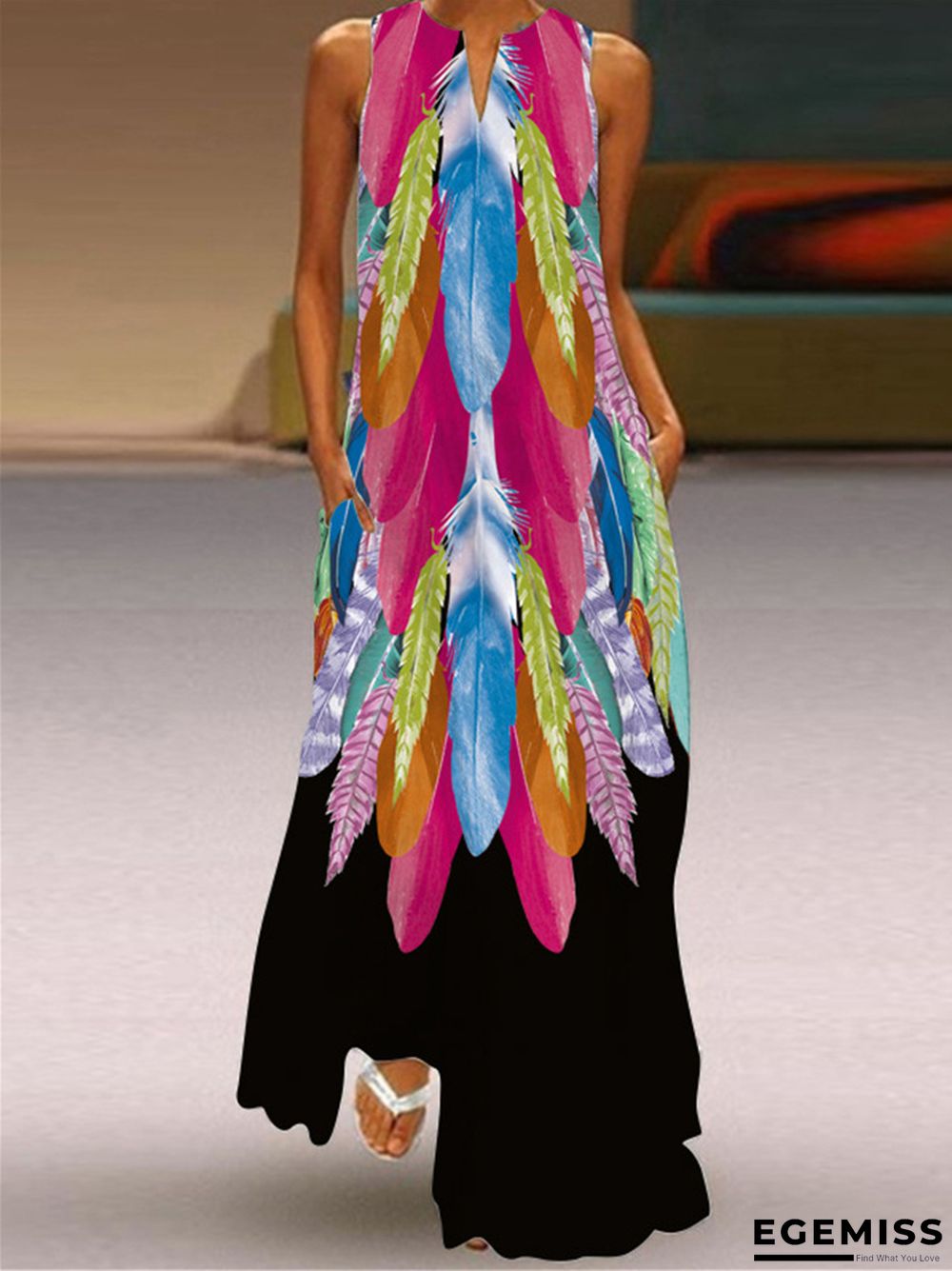 Digital Printed V-neck Sleeveless Dress Pocket | EGEMISS