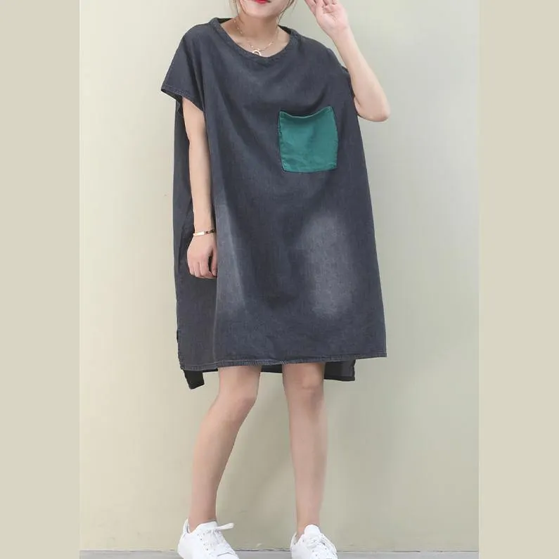 Women denim black Cotton clothes Women o neck green pockets Midi Dresses