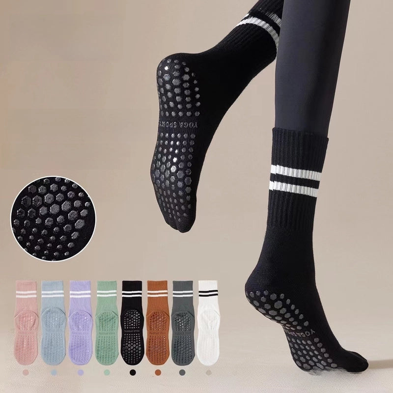 Yoga Socks Non-slip Women's Mid-calf Length Socks Pure Cotton Fitness Dance Pilates Professional Non-slip Sports Adult Floor Socks