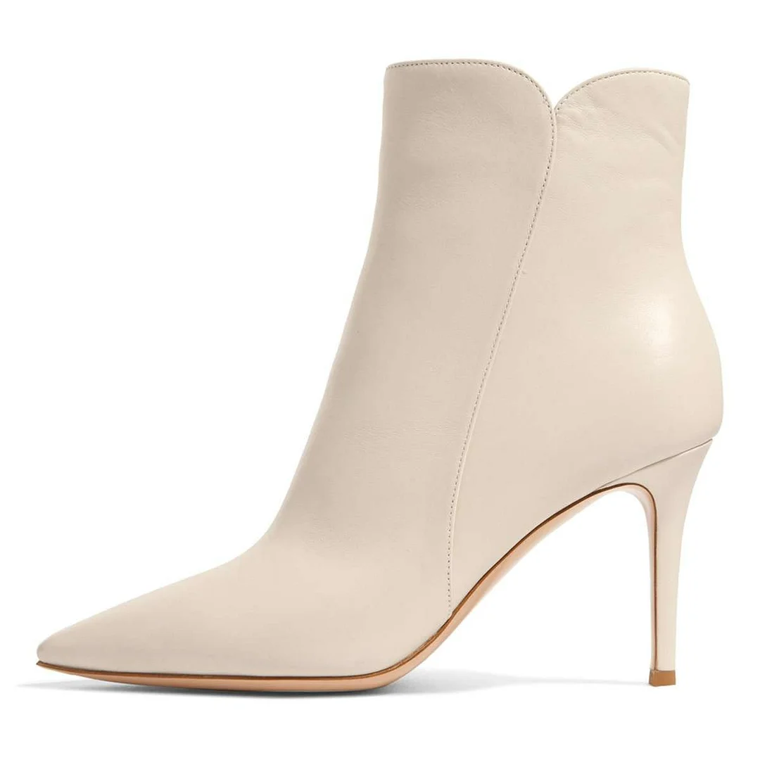Ivory Vegan Leather Pointed Toe Stiletto High Heel Ankle Boots