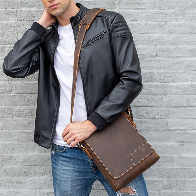 Men's Horse Leather Shoulder Bag Simple Style Outdoor Large Capacity Crossbody Bag