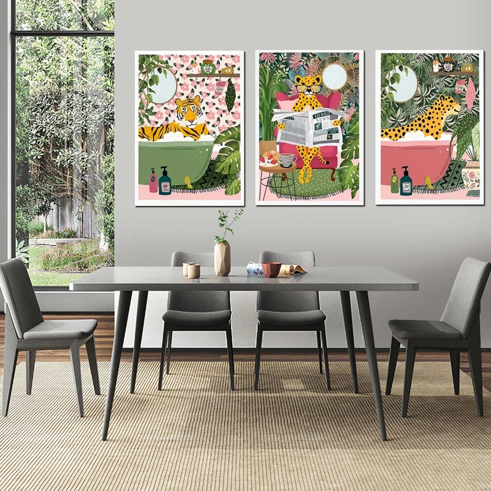 3pcs Tiger In Bathtub Plant Printing Posters Hunting Decoration For Kids Bathroom Wall Decor Frameless 12×16in/30×40cm
