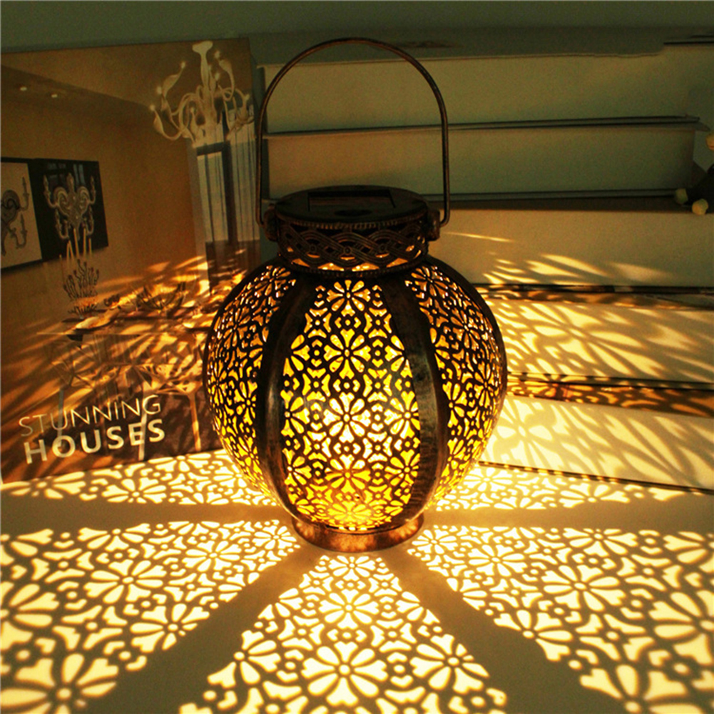 

LED Solar Lantern Lights Metal Hollow Lantern Hanging Lamps Garden Decor, Brown, 501 Original