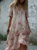 Vintage Pink Roses Lace Ruffle Flowy Linen Midi Dress