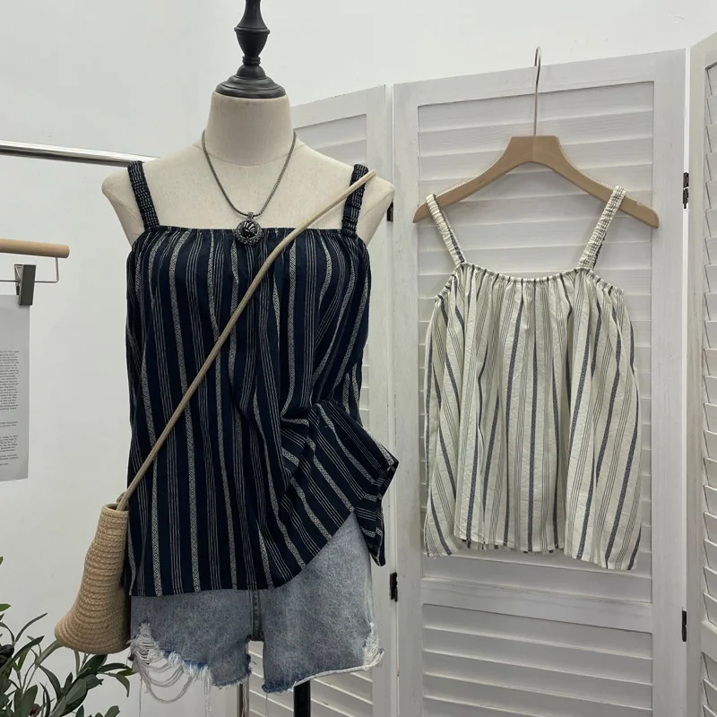 Nigikala Vintage Bumpy Striped Small Sling Vest Women's Summer Free Holiday Style Sleeveless Top 8853