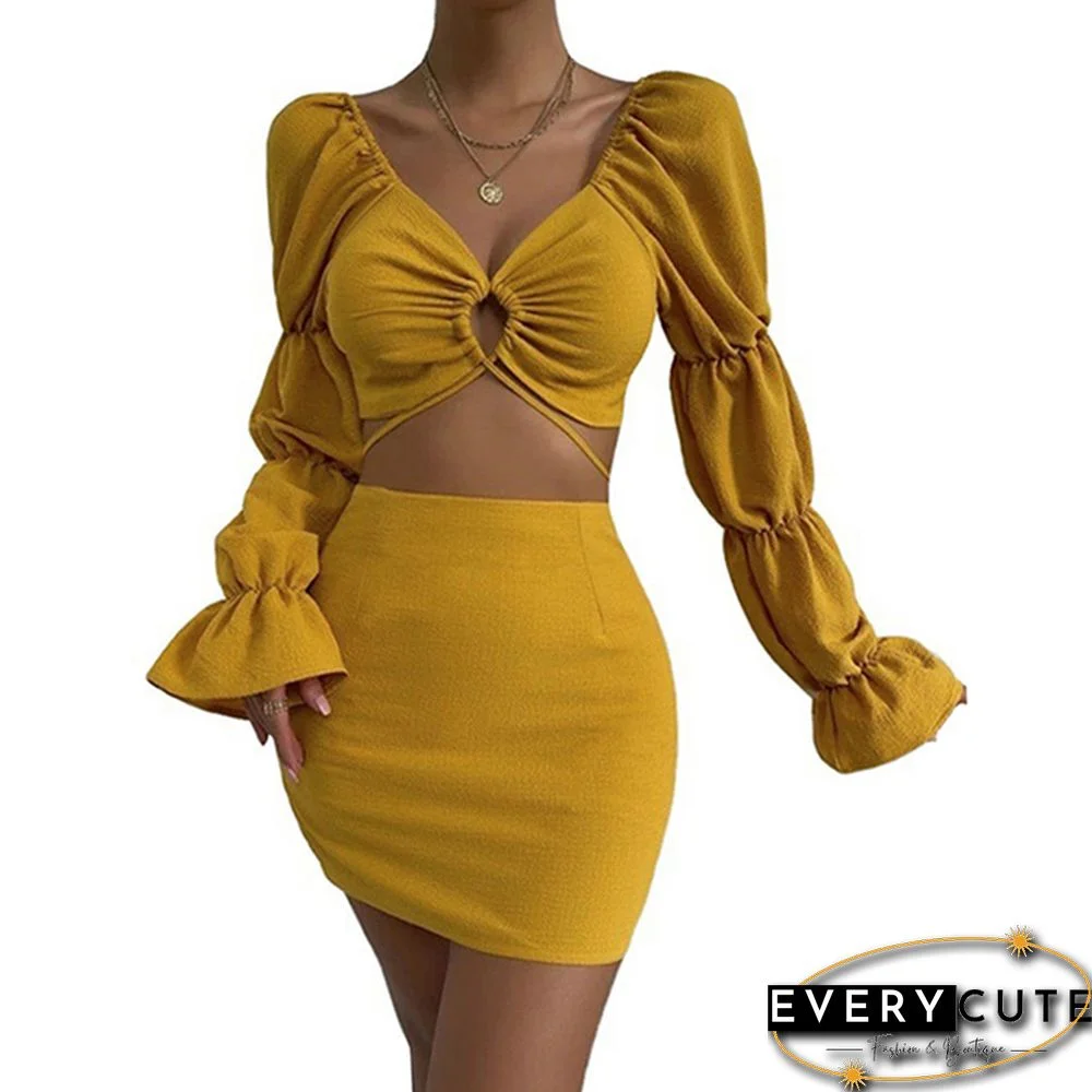 Yellow Hollow-out V Neck Crop Top and Skirts 2pcs Set