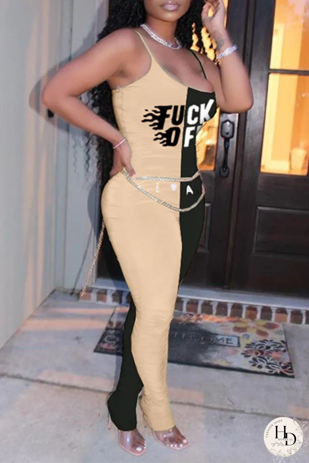 Yellow Purple Fashion Sexy Letter Print Split Joint Backless Fold O Neck Skinny Jumpsuits