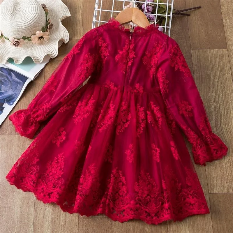 Girls Christmas Dress Girls Winter Dress With Bow Floral Lace Elegant Mesh Outfits New Year Vestido Infantil Girls Lace Dress