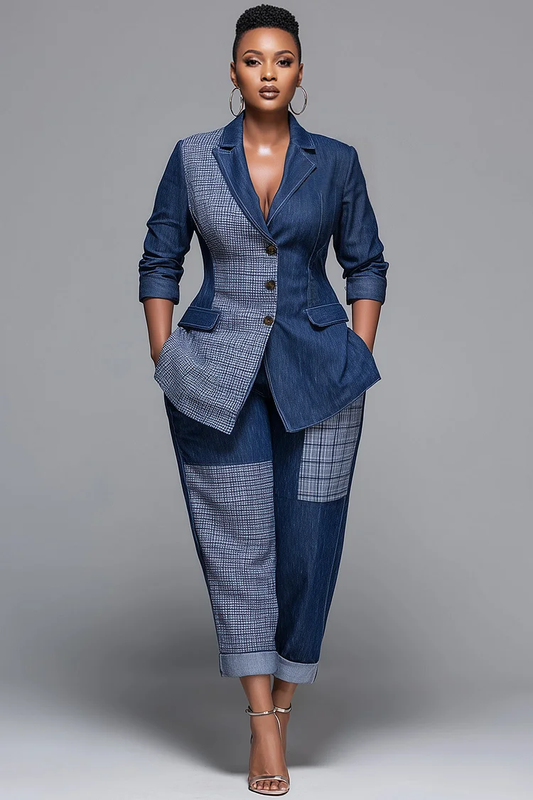 Xpluswear Design Plus Size Business Casual Blue Plaid Lapel Collar Long Sleeve Pocket Casual Contrast Denim Two Piece Pant Suits 2024 - Xpluswear