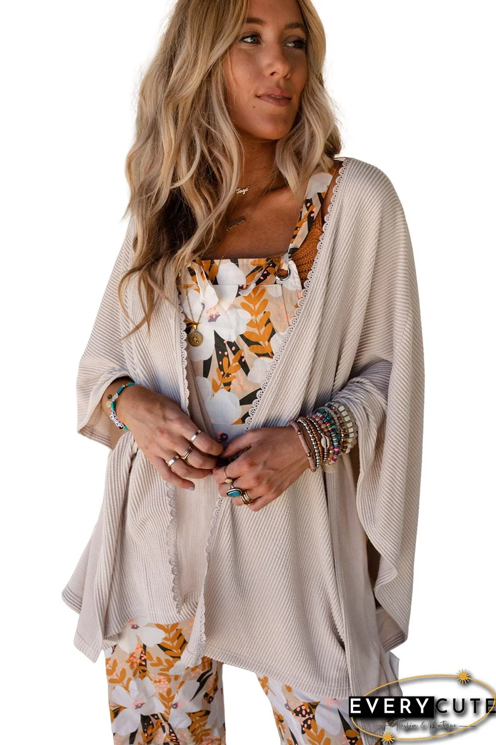 Apricot Lace Trim Ribbed Oversize Kimono