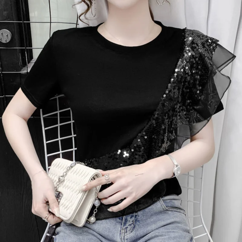 Jangj Sequins Lace Pure Cotton T-shirt Short Sleeve Round Neck Tops for Female 2022 Spring Summer Korean Style Casual Clothing