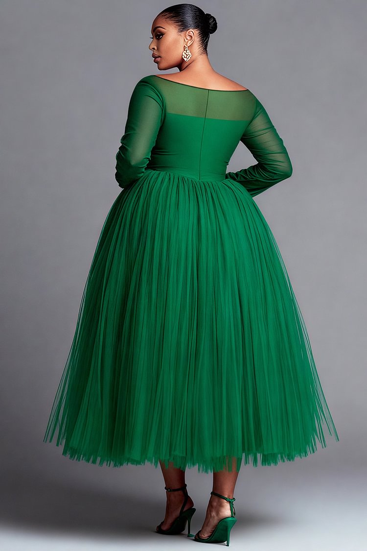 Xpluswear Design Plus Size Christmas Green Long Sleeve Contrast Elegant Tulle Midi Dresses [Pre-Order]