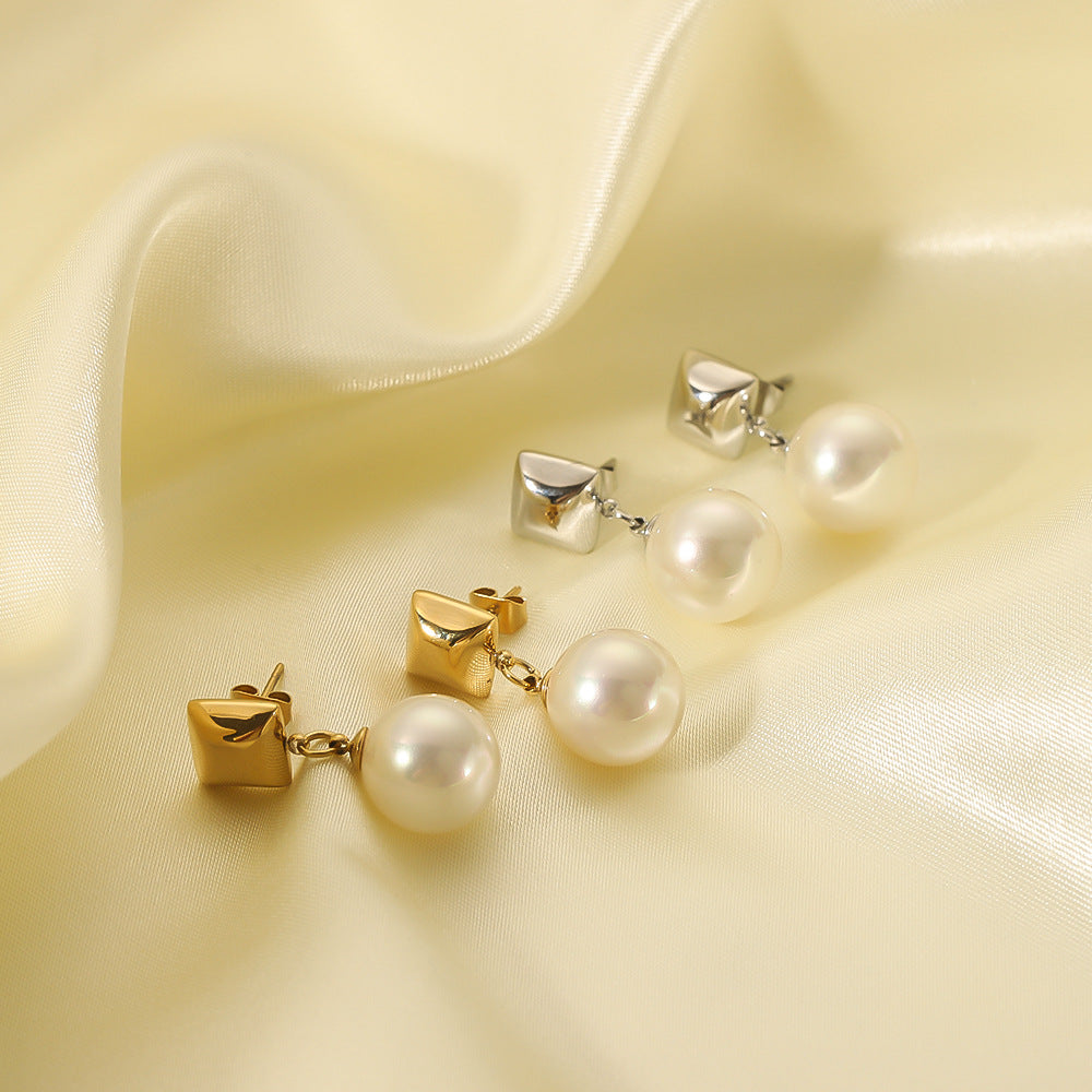 IG Style Pearl Rhombus Geometric Stainless Steel Electroplating Earrings