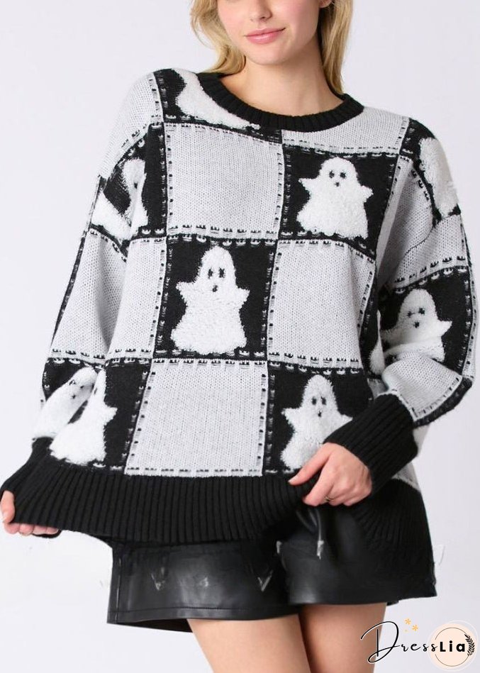 Plus Size White O Neck Plaid Knit Sweater Long Sleeve