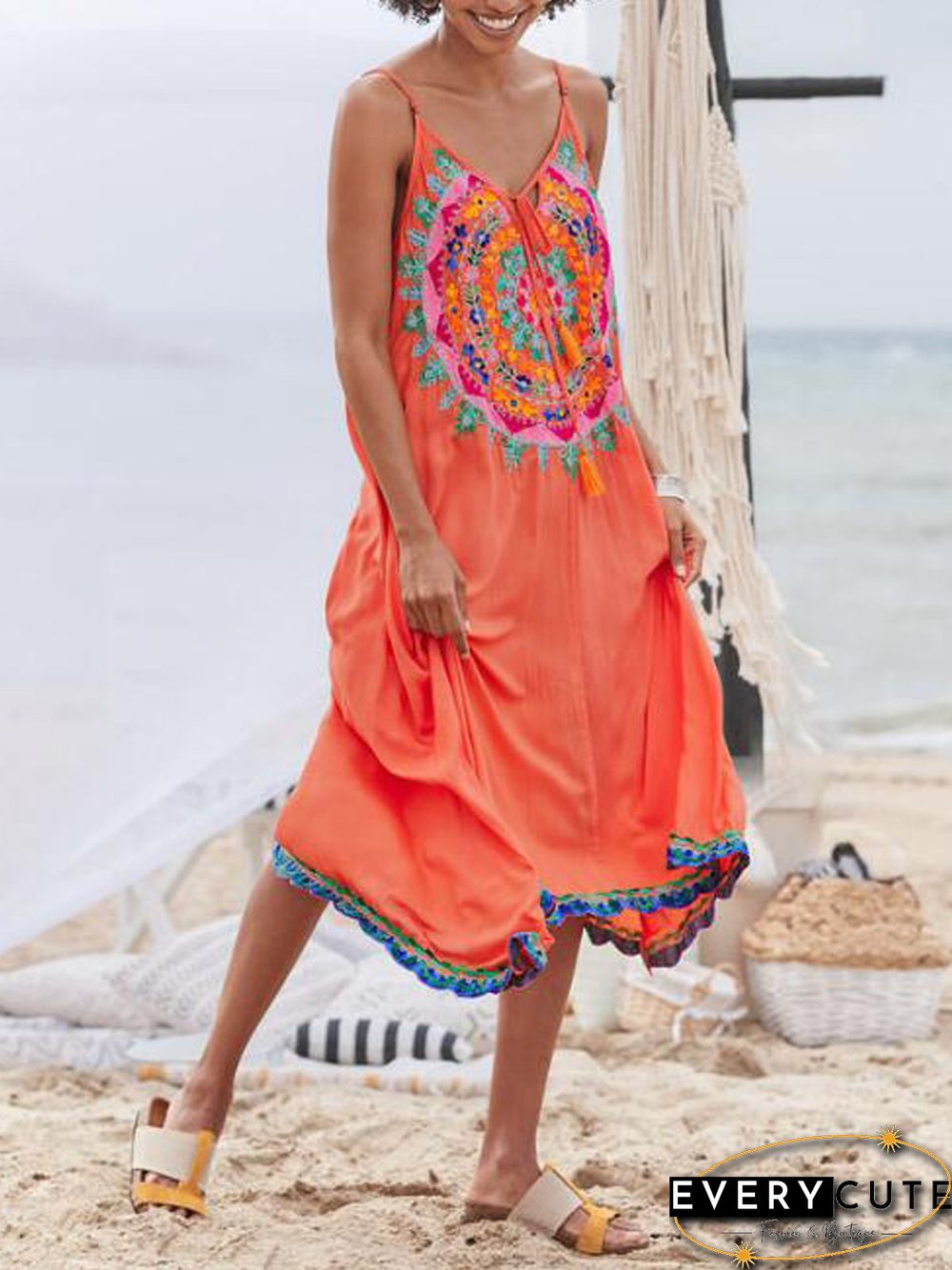 Orange V Neck Cotton-Blend Casual Pants