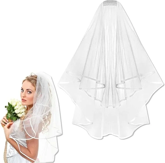 OBTANIM Bridal Veil White Double Ribbon Edge Wedding Veil with Comb for Wedding Bachelorette Party