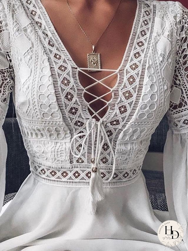 Deep V-neck Tie Long Sleeve Mini Dress