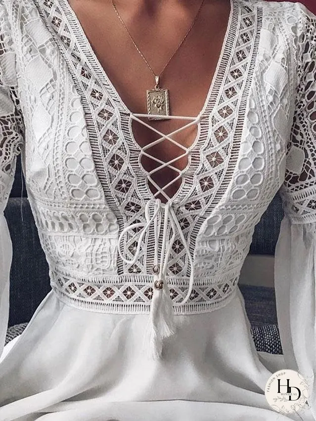 Deep V-neck Tie Long Sleeve Mini Dress