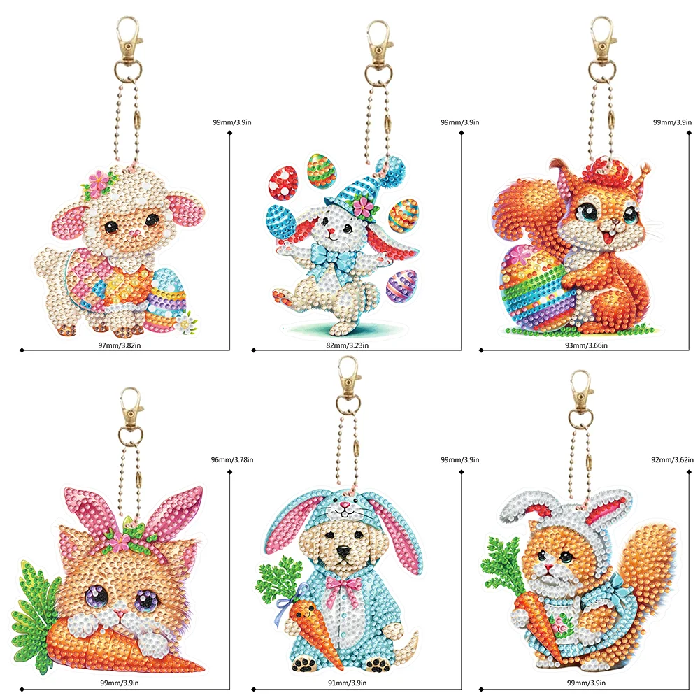 6Pcs Double Sided Special Shape Easter Animals Diamond Painting Art Keyring
