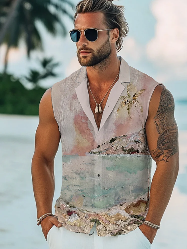 Men's Seaside Vacation Oil Painting Print Sleeveless Shirt