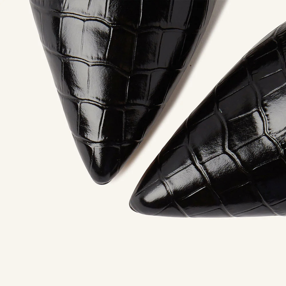 Stylish Black Crocodile Embossed Pointed Toe Slingback Heels