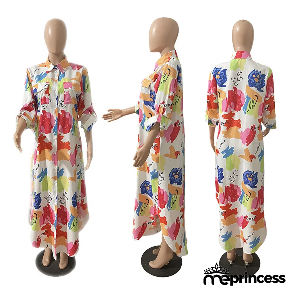 Women Spring Summer Autumn Fashion Sexy Long Shirt Print Casual Long Dress