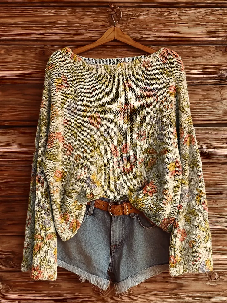 Women's Vintage Floral Art Print Casual Pullover Sweater