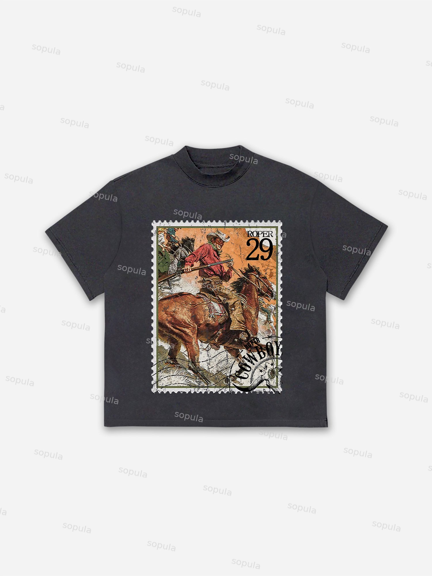 Rodeo Cowboy Stamp Print Cotton T-shirt - SOPULA