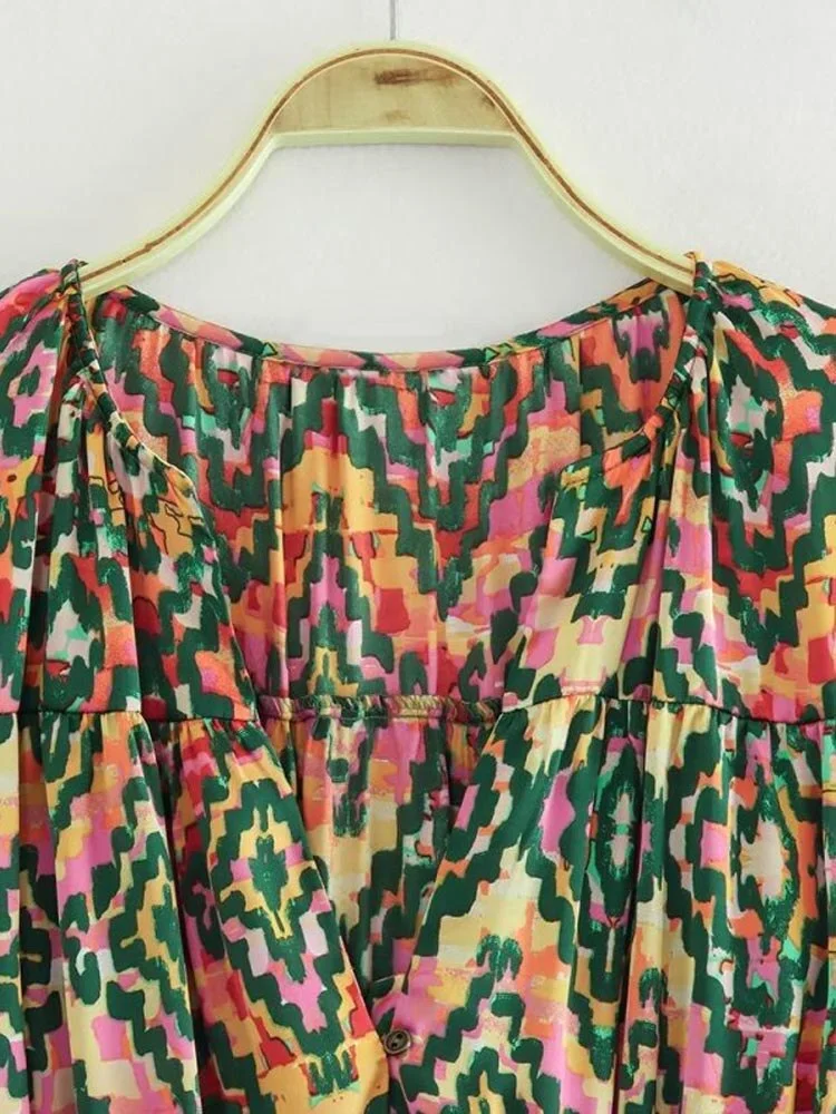 Uveng 2023 Women Summer MIDI Dress Vintage Print V-Neck Hollow Out Long Sleeve Female Elegant Split Dresses Clothing