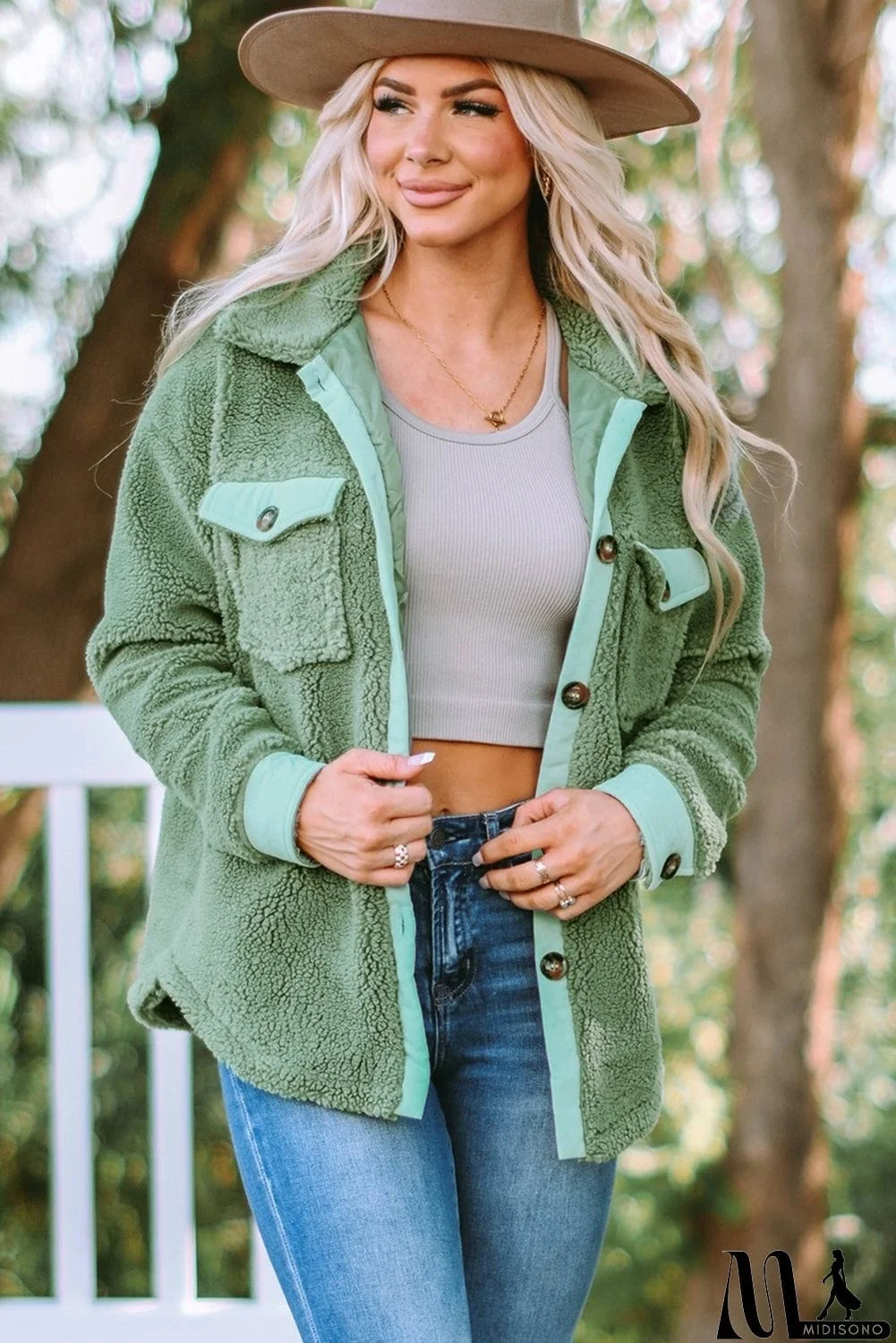 MidiSono - Flap Pocket Button Up Fleece Jacket