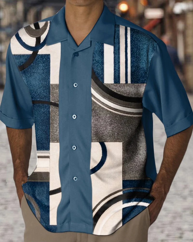 Men's Shirt Casual Blue Print Hit Color Short Sleeve