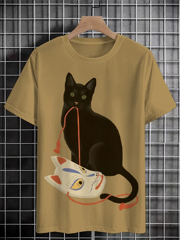 <💯Cotton> Men's Fox Mask Black Cat Art Printed Cotton Casual T-Shirt