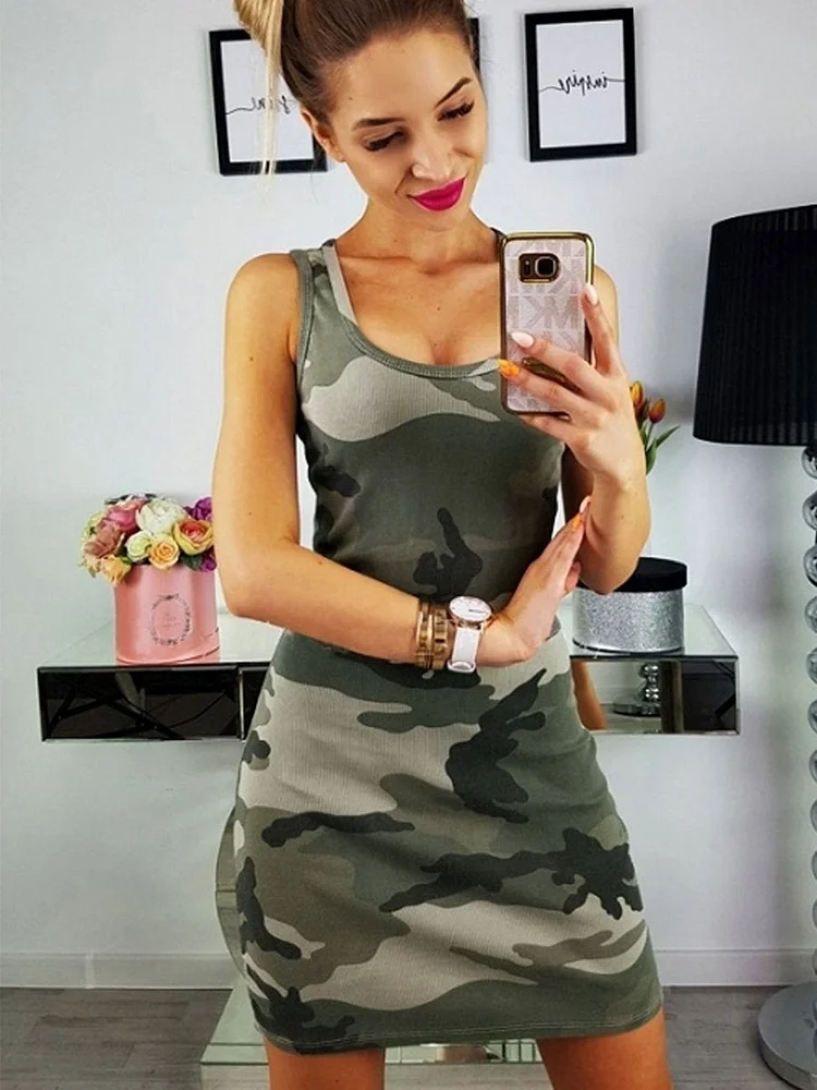 Women's Sexy Camo Printing Slim Sleeveless Bodycon Dress