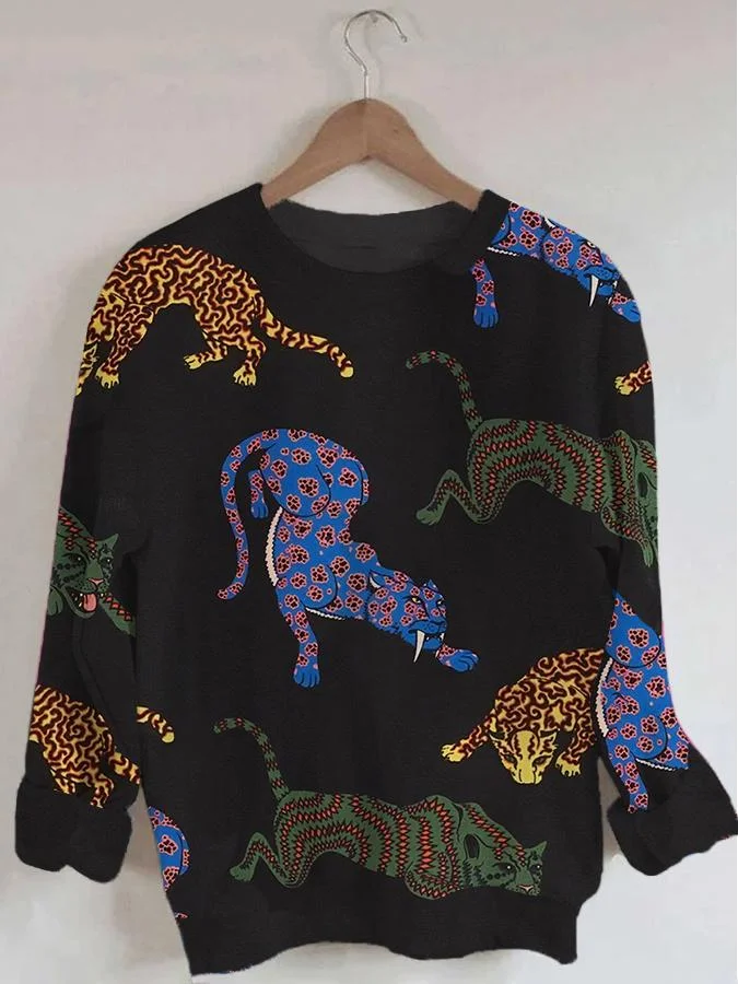 Women's Cheetah Print Long Sleeve Crew Neck Sweatshirt socialshop