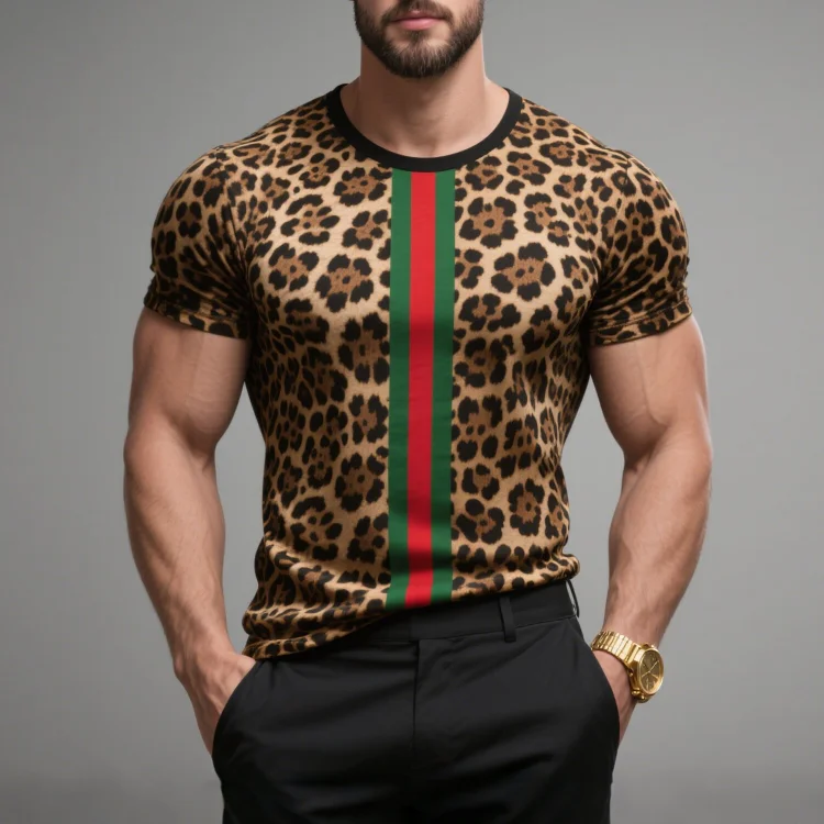 Okaywear Leopard Contrast Striped Crew Neck Short Sleeve T-Shirt Okaywear