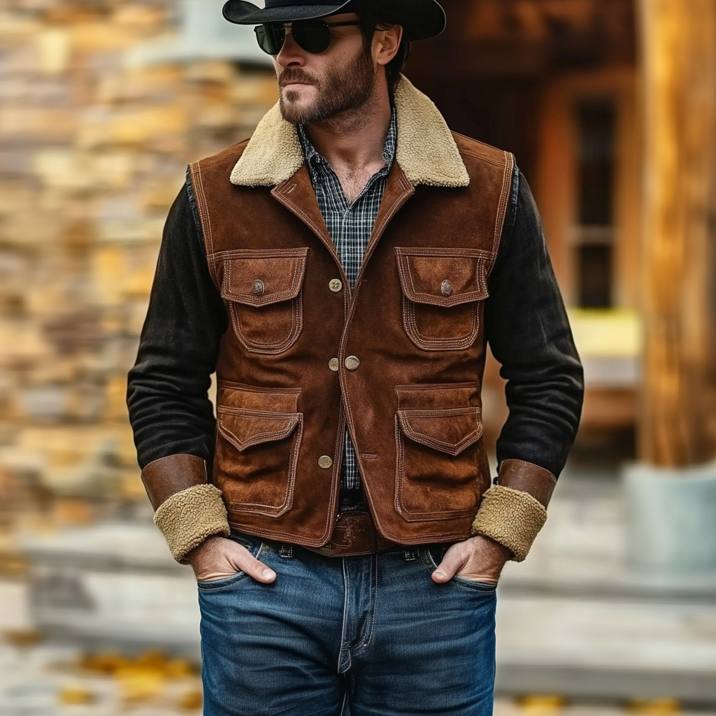 Men's Vintage Suede Multi-Pocket Outdoor Fur Collar Vest Jacket