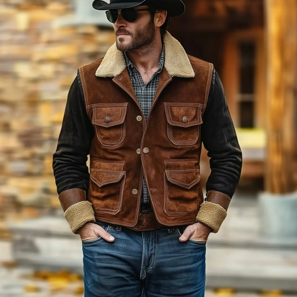 Men's Vintage Suede Multi-Pocket Outdoor Fur Collar Vest Jacket