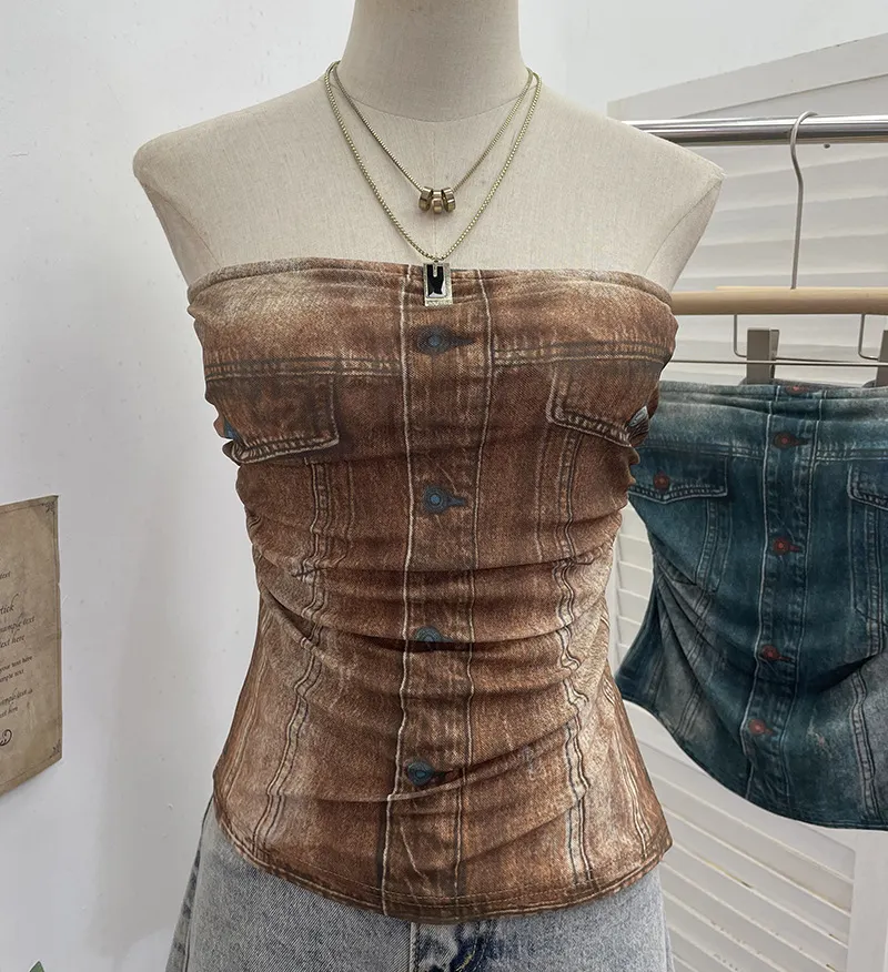 Nigikala Nigikala Shooting Denimed Tie-Dye Printing Mesh Yarn Tectar Tset With Chest Cushion Anti-Slip Vest Short Top 1255