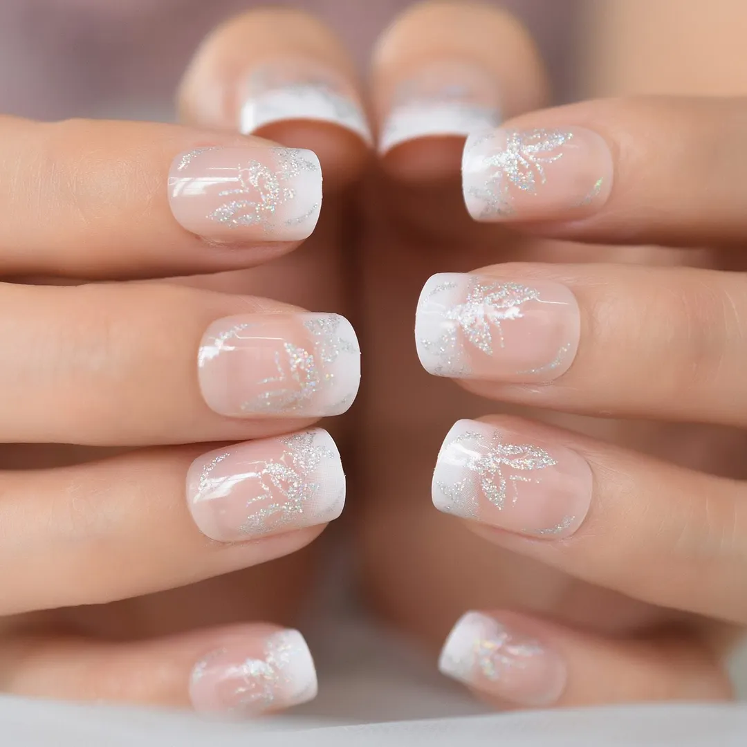 Pink Nude White French Fake Nails Squoval Square UV Gel False Press on Nails for Girl Full Cover Wear Finger Nail Art Tips 1123-Nail Inspo