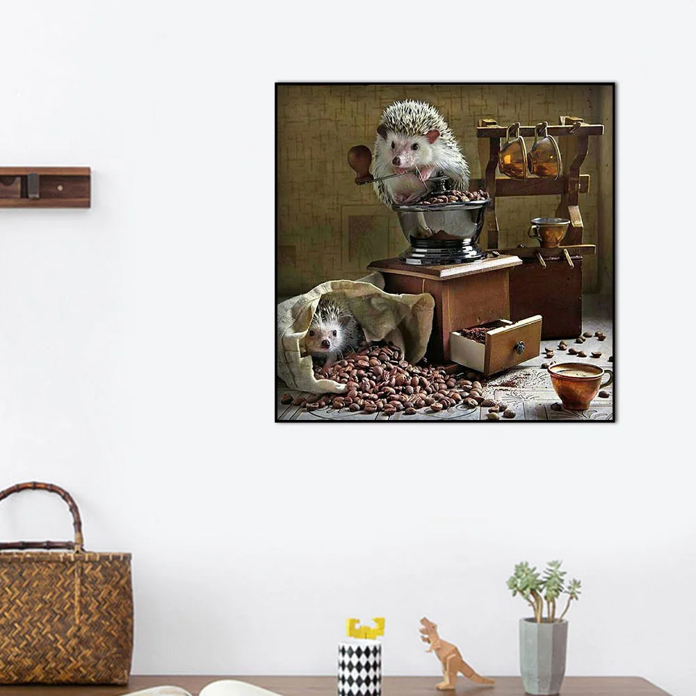 Diamond Painting Kit Hedgehog coffee beans Full Round Rhinestone Wall Pict