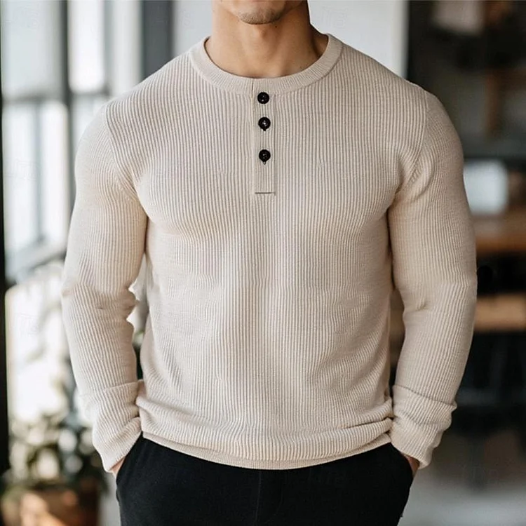 Men's Casual Solid Color Henley Collar Slim Fit Long Sleeve T-Shirt 69443815M